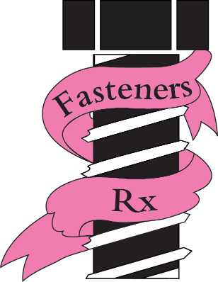 logo featuring a black and white fastener with a pink sash that says Fasteners Rx on it in black text